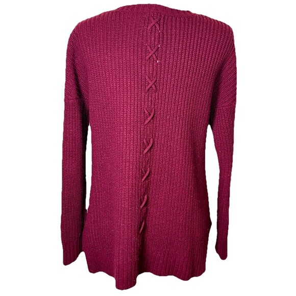 Women’s Burgundy Open Front Chunky Sweater w/ Lace-Up Back Cozy Minimalist Sz M - Picture 3 of 9